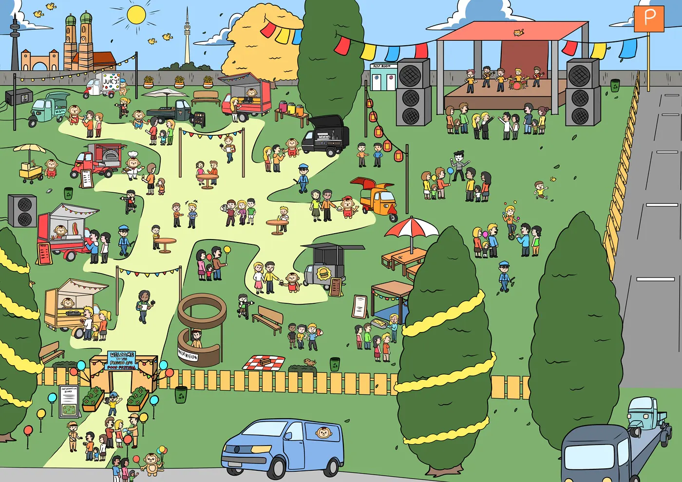 Ausschnitte aus dem gezeichneten Wimmelbild vom ape food festival: Apen mit Essen, eine Bühne mit Band und Familien auf der Wiese